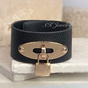 💎CUFF Black Vegan Leather with Gold Dandle Lock Bracelet, Stylish